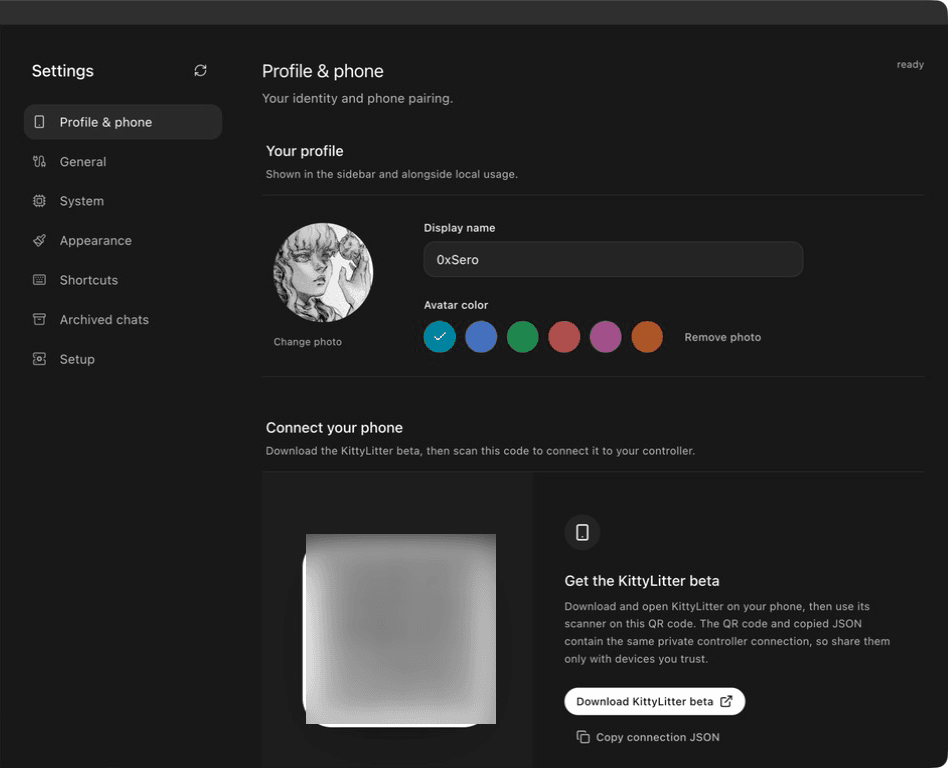 Local Studio phone connection screen in dark mode with a KittyLitter iPhone capture covering the private pairing code.